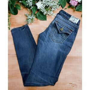 True Religion Vintage Skinny Jeans With Flaps Sz 27 Low-Rise Thigh Fade Blue